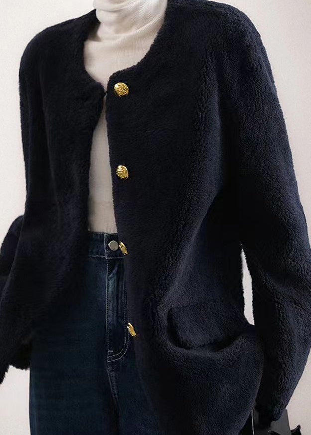 Elegant Navy O Neck Pockets Button Patchwork Wool Coat Winter