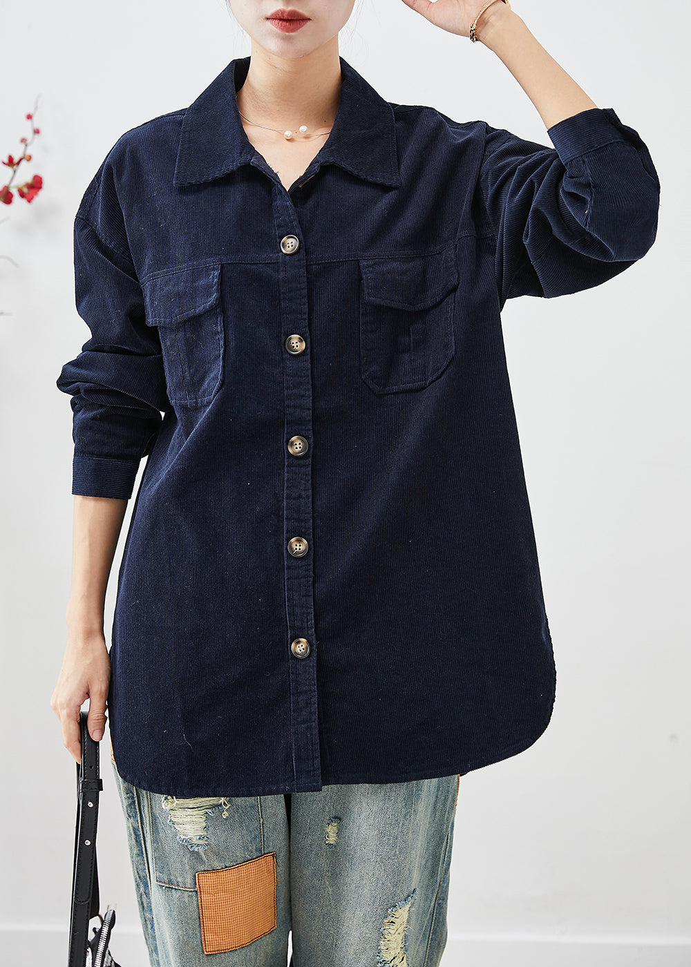 Elegant Navy Oversized Pockets Corduroy Coats Fall