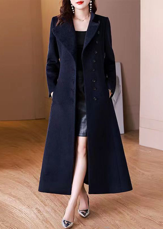 Elegant Navy Peter Pan Collar Button Woolen Long Coat Winter