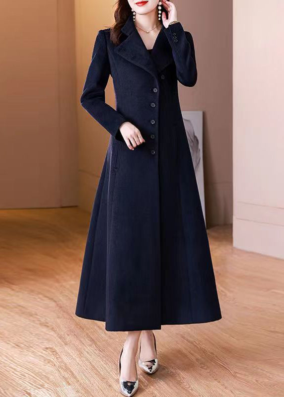 Elegant Navy Peter Pan Collar Button Woolen Long Coat Winter