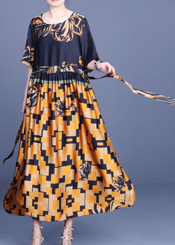 Elegant Navy Print Silk Tie Waist Mid Dress Summer - Omychic