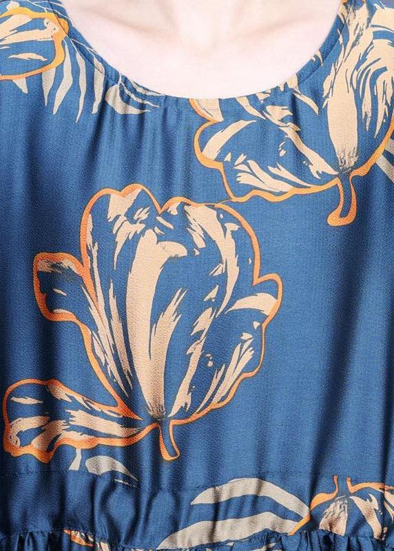 Elegant Navy Print Silk Tie Waist Mid Dress Summer - Omychic