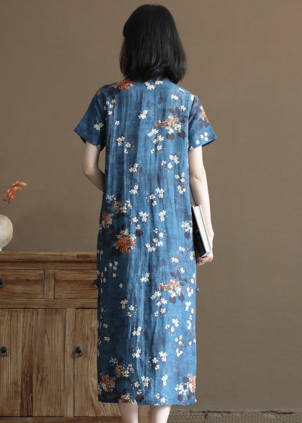 Elegant Navy Stand Collar Print Oriental Button Linen Chinese Style Dress Short Sleeve
