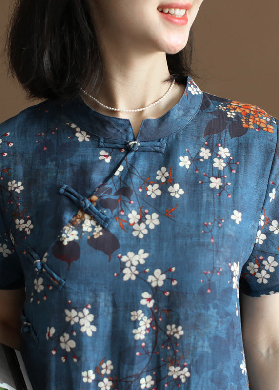 Elegant Navy Stand Collar Print Oriental Button Linen Chinese Style Dress Short Sleeve