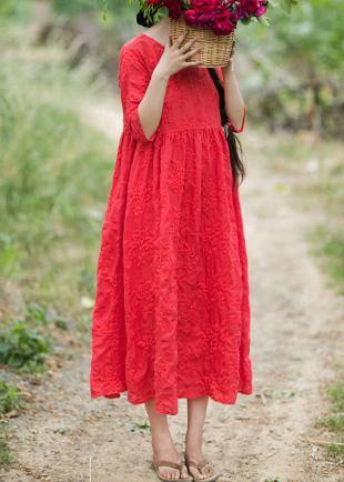 Elegant O Neck Half Sleeve Summer Outfit Neckline Red Embroidery Robes Dresses - Omychic