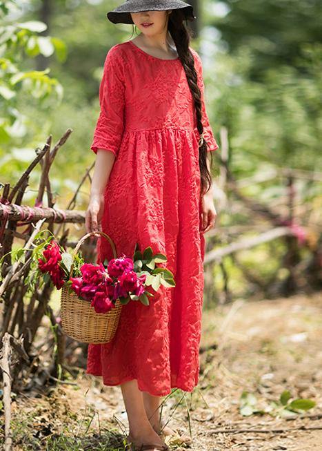 Elegant O Neck Half Sleeve Summer Outfit Neckline Red Embroidery Robes Dresses - Omychic
