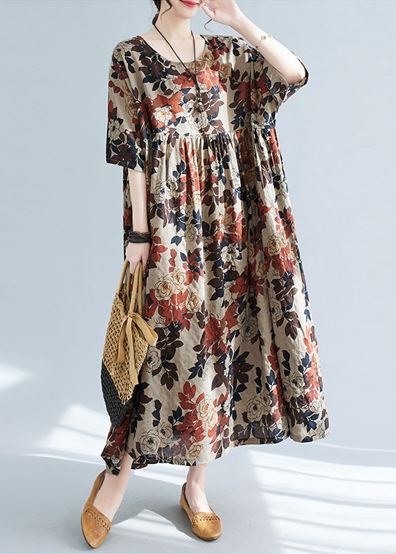 Elegant O-Neck Print Patchwork Long Dresses Short Sleeve