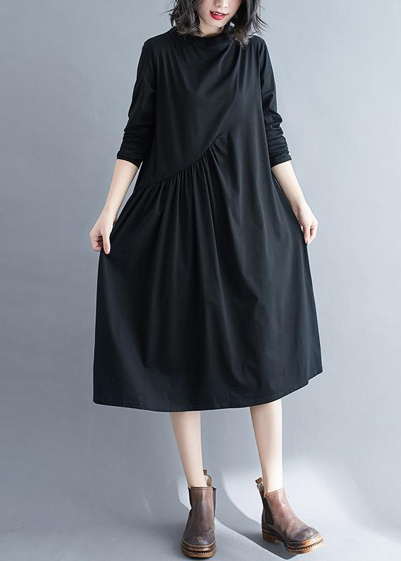 Elegant O Neck Wrinkled Spring Tunics Outfits Black Maxi Dress - Omychic