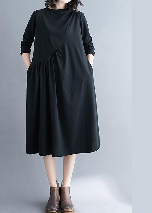 Elegant O Neck Wrinkled Spring Tunics Outfits Black Maxi Dress - Omychic