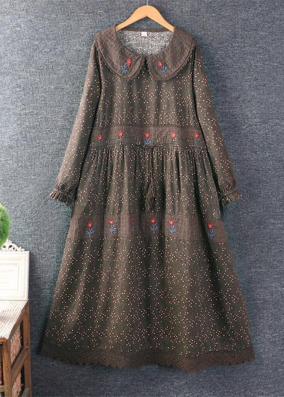 Elegant Orange Embroideried Tie Waist Pockets Linen Dresses Spring