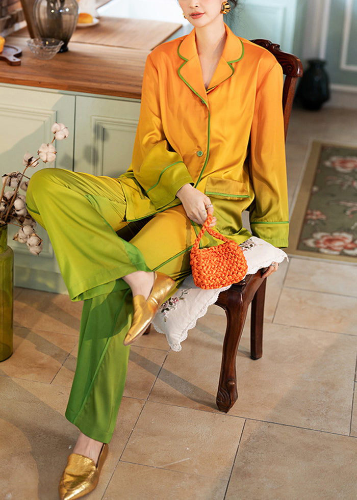 Elegant Orange Gradient Color Pockets Ice Silk Pajamas Two Piece Set Spring