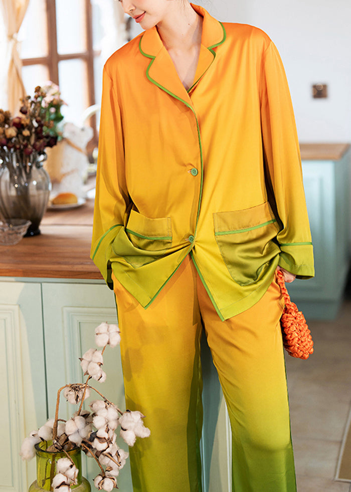 Elegant Orange Gradient Color Pockets Ice Silk Pajamas Two Piece Set Spring