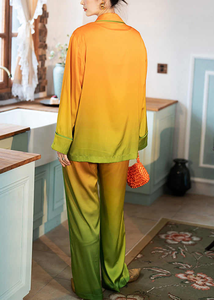 Elegant Orange Gradient Color Pockets Ice Silk Pajamas Two Piece Set Spring