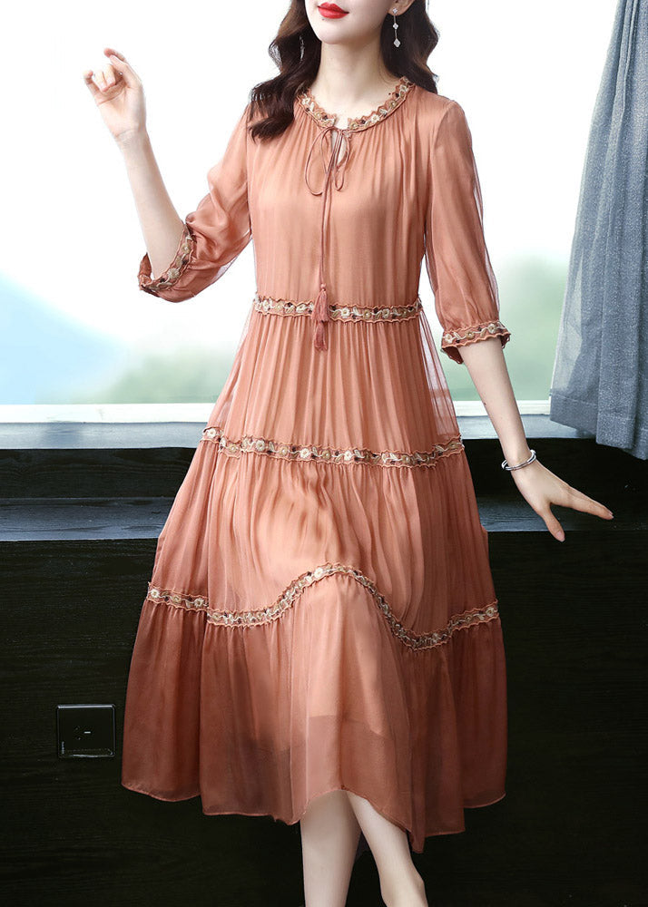 Elegant Orange O-Neck Embroideried Floral Silk Long Dress Summer