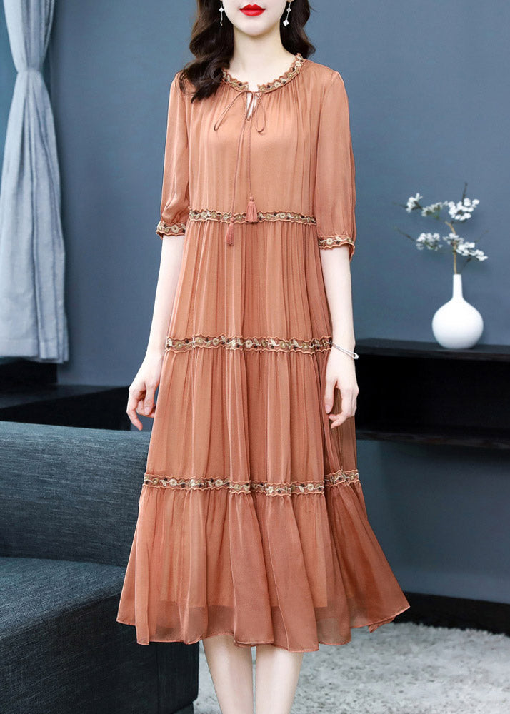 Elegant Orange O-Neck Embroideried Floral Silk Long Dress Summer