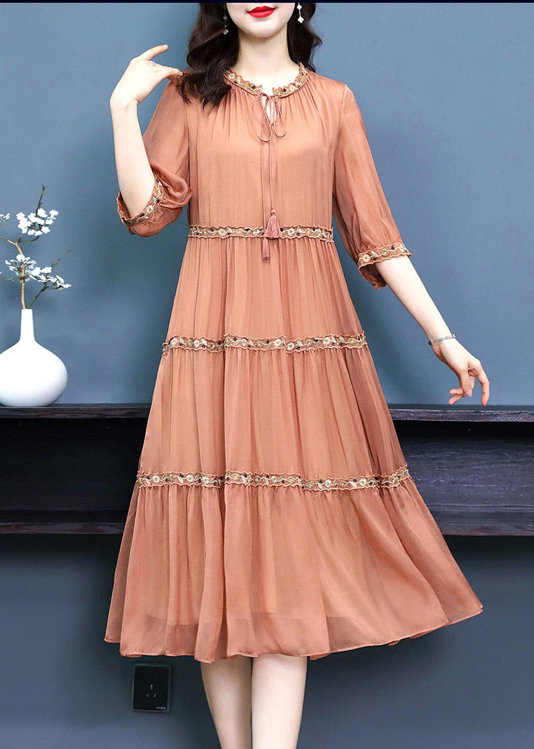 Elegant Orange O-Neck Embroideried Floral Silk Long Dress Summer