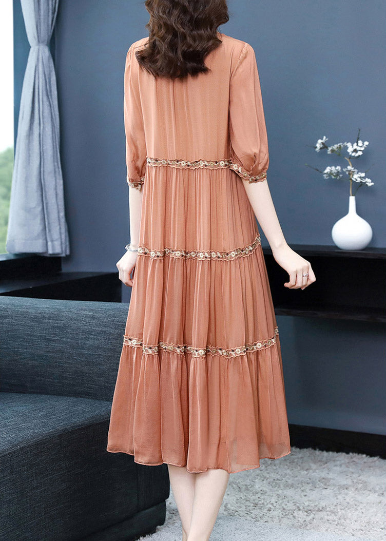 Elegant Orange O-Neck Embroideried Floral Silk Long Dress Summer