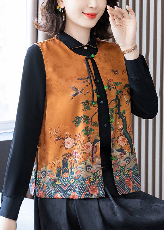 Elegant Orange O-Neck Print Button Side Open Silk Waistcoat Spring