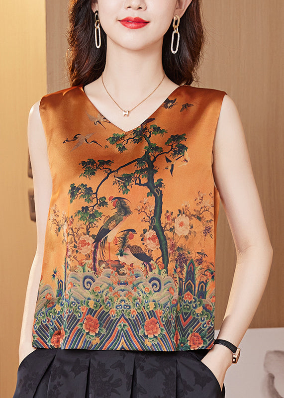 Elegant Orange Print Satin Vest Summer