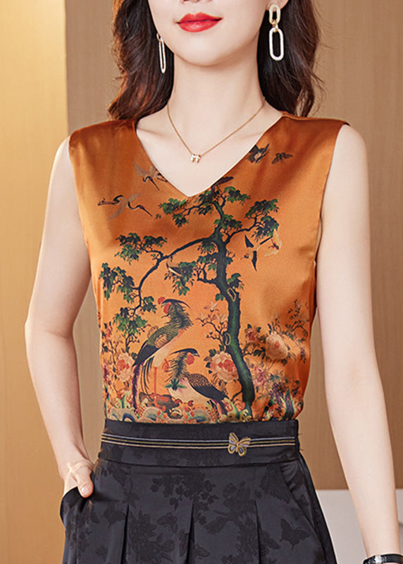 Elegant Orange Print Satin Vest Summer