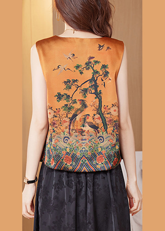 Elegant Orange Print Satin Vest Summer