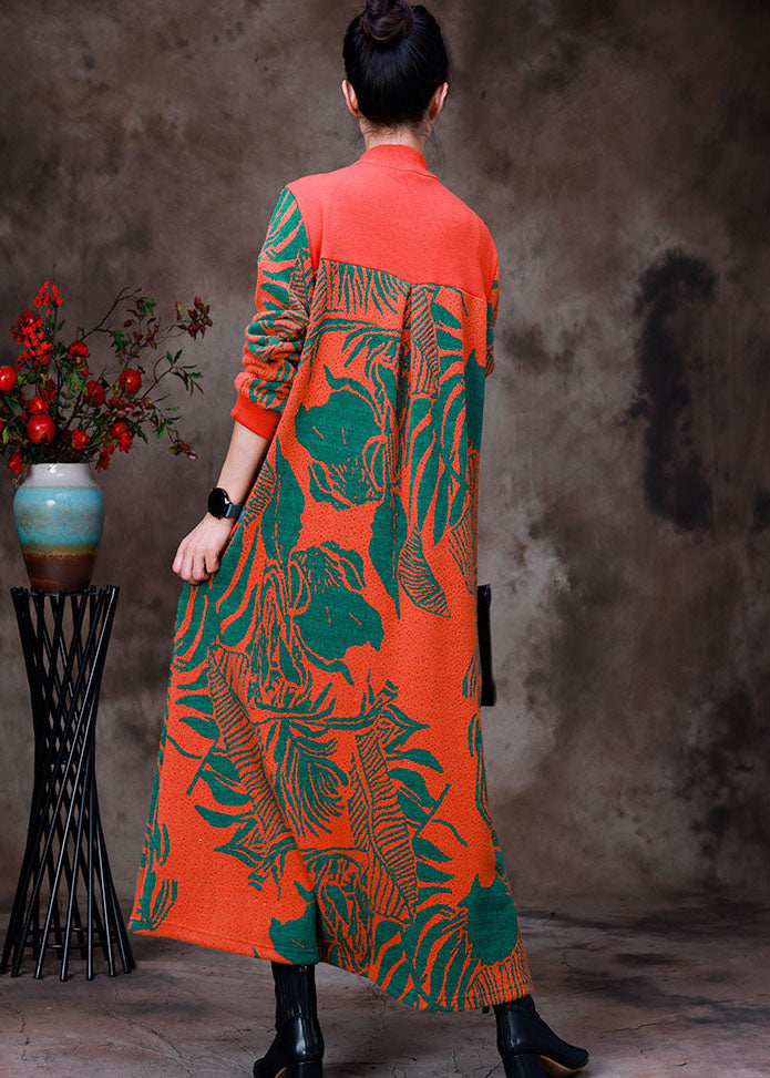 Elegant Orange Stand Collar Zip Up Jacquard Knit Robe Dresses Long Sleeve