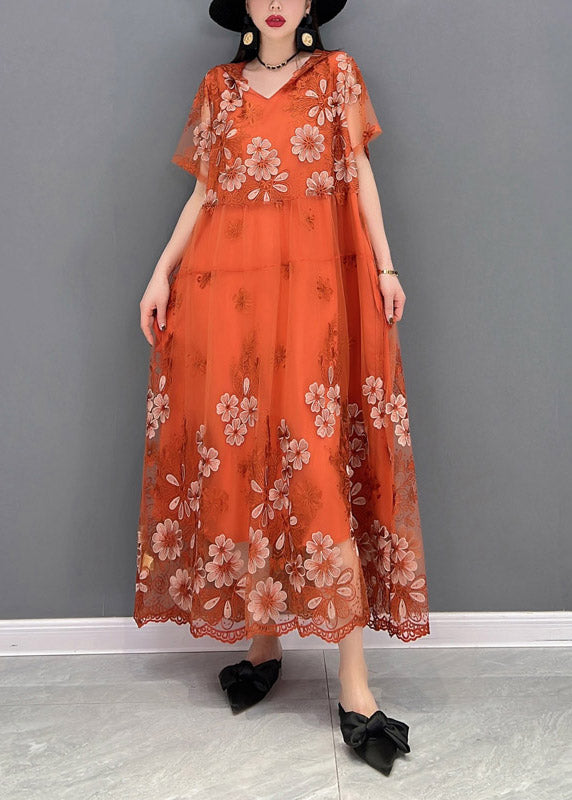 Elegant Orange V Neck Print Wrinkled Tulle Long Dresses Short Sleeve