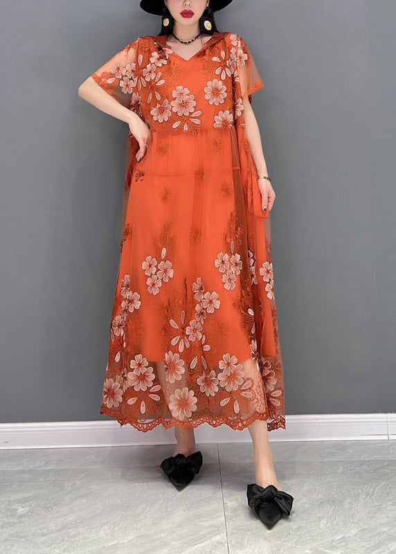 Elegant Orange V Neck Print Wrinkled Tulle Long Dresses Short Sleeve