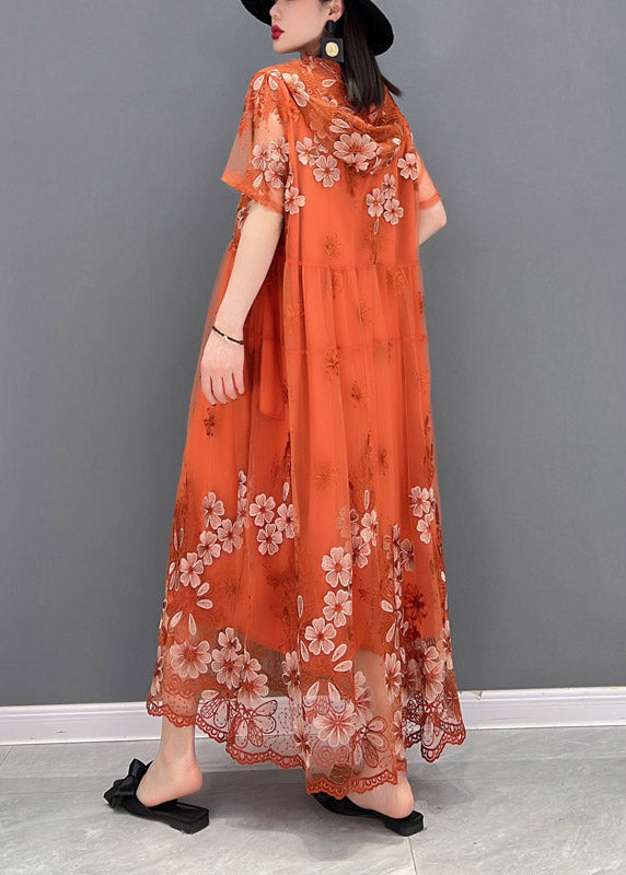 Elegant Orange V Neck Print Wrinkled Tulle Long Dresses Short Sleeve