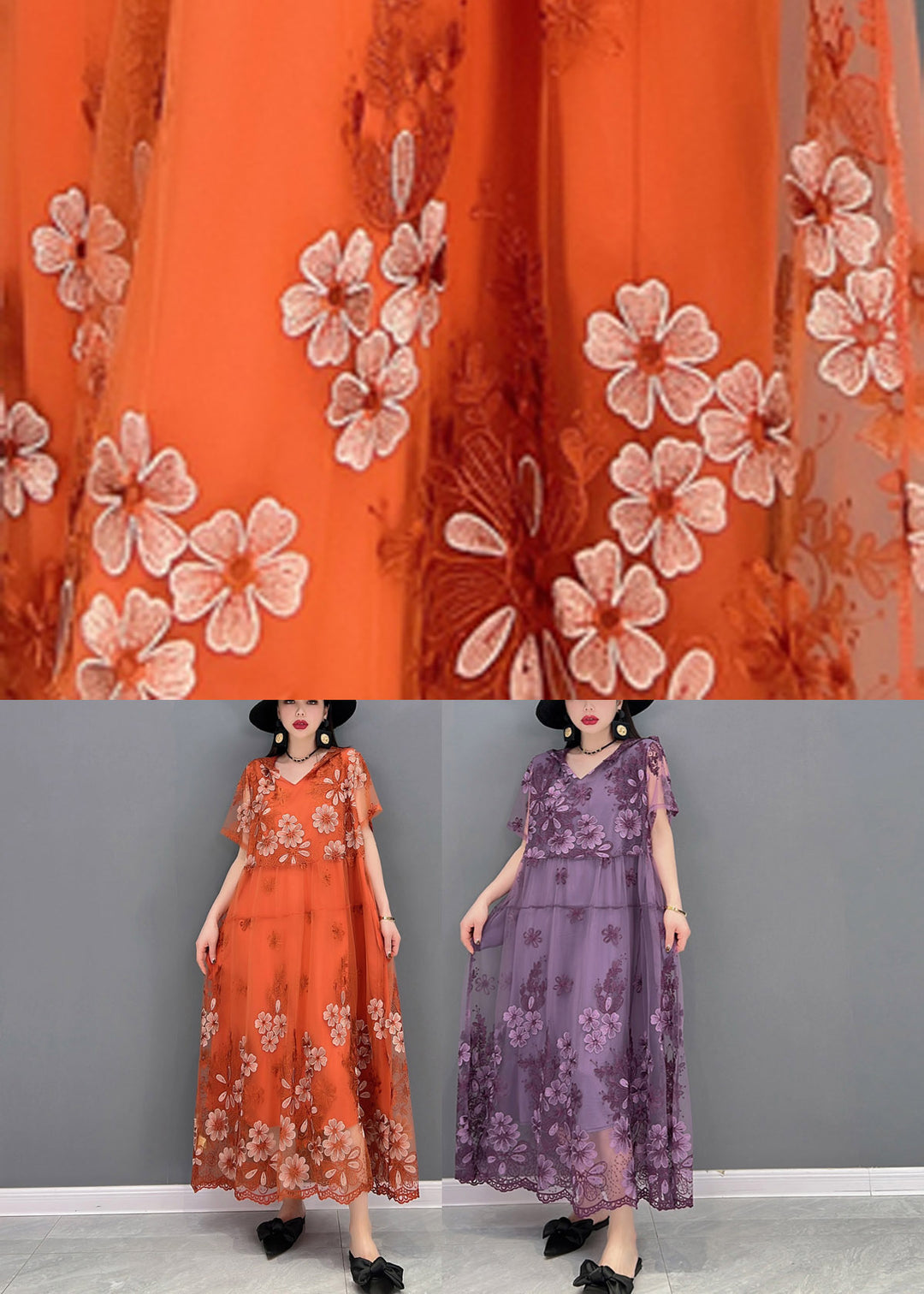 Elegant Orange V Neck Print Wrinkled Tulle Long Dresses Short Sleeve