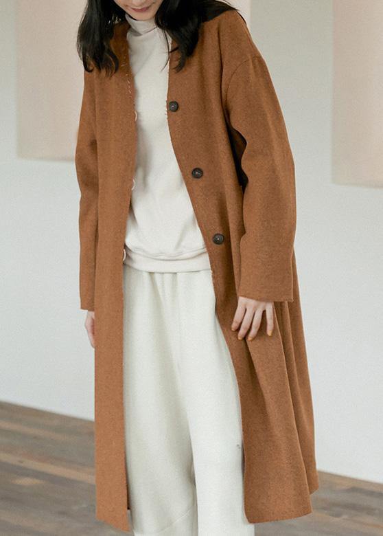 Elegant Oversize Trench Coat Women Brown V Neck Pockets Wool Coat - Omychic