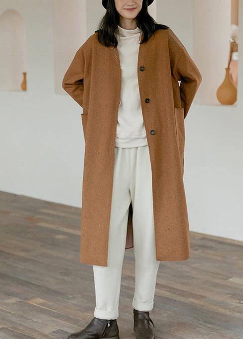 Elegant Oversize Trench Coat Women Brown V Neck Pockets Wool Coat - Omychic