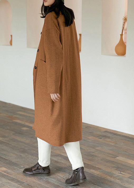 Elegant Oversize Trench Coat Women Brown V Neck Pockets Wool Coat - Omychic