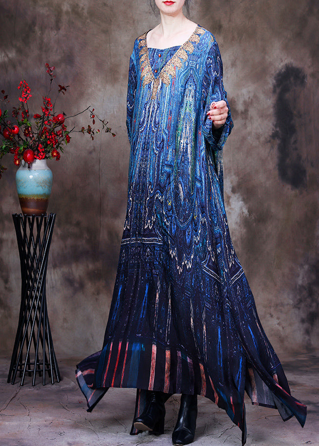 Elegant Peacock Blue V Neck Print Side Open Button Silk Long Dresses Summer