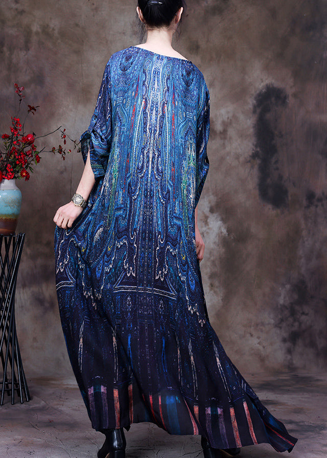 Elegant Peacock Blue V Neck Print Side Open Button Silk Long Dresses Summer