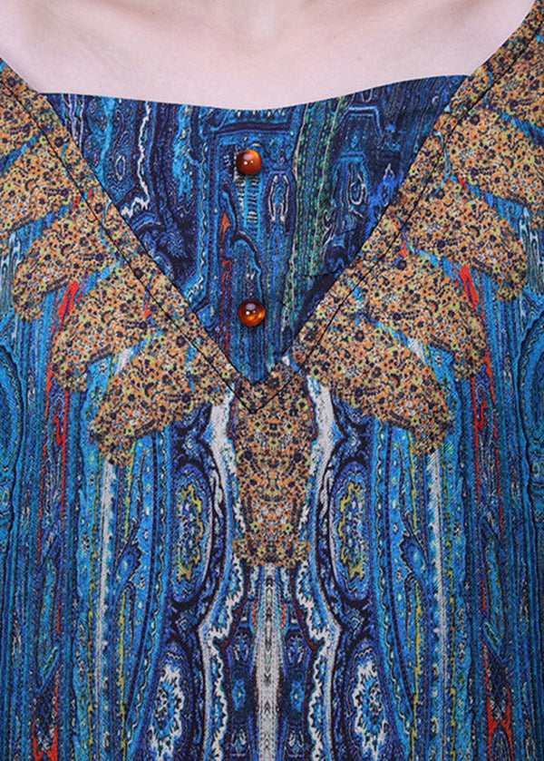 Elegant Peacock Blue V Neck Print Side Open Button Silk Long Dresses Summer