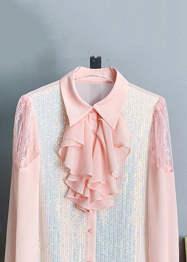 Elegant Pink Bow Sequins Patchwork Chiffon Blouses Long Sleeve