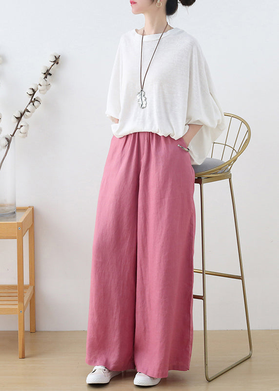 Elegant Pink Elastic Waist Pockets Linen Wide Leg Pants Fall