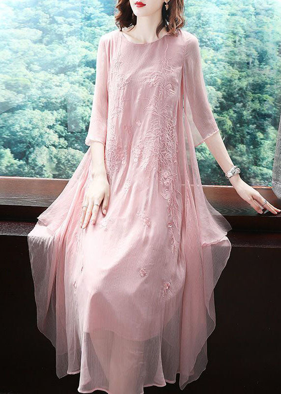 Elegant Pink Embroideried Exra Large Hem Chiffon Dress Summer
