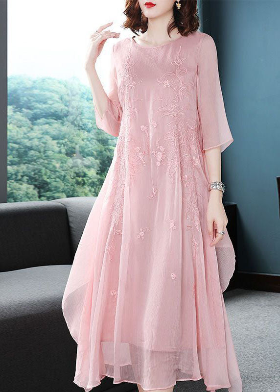 Elegant Pink Embroideried Exra Large Hem Chiffon Dress Summer