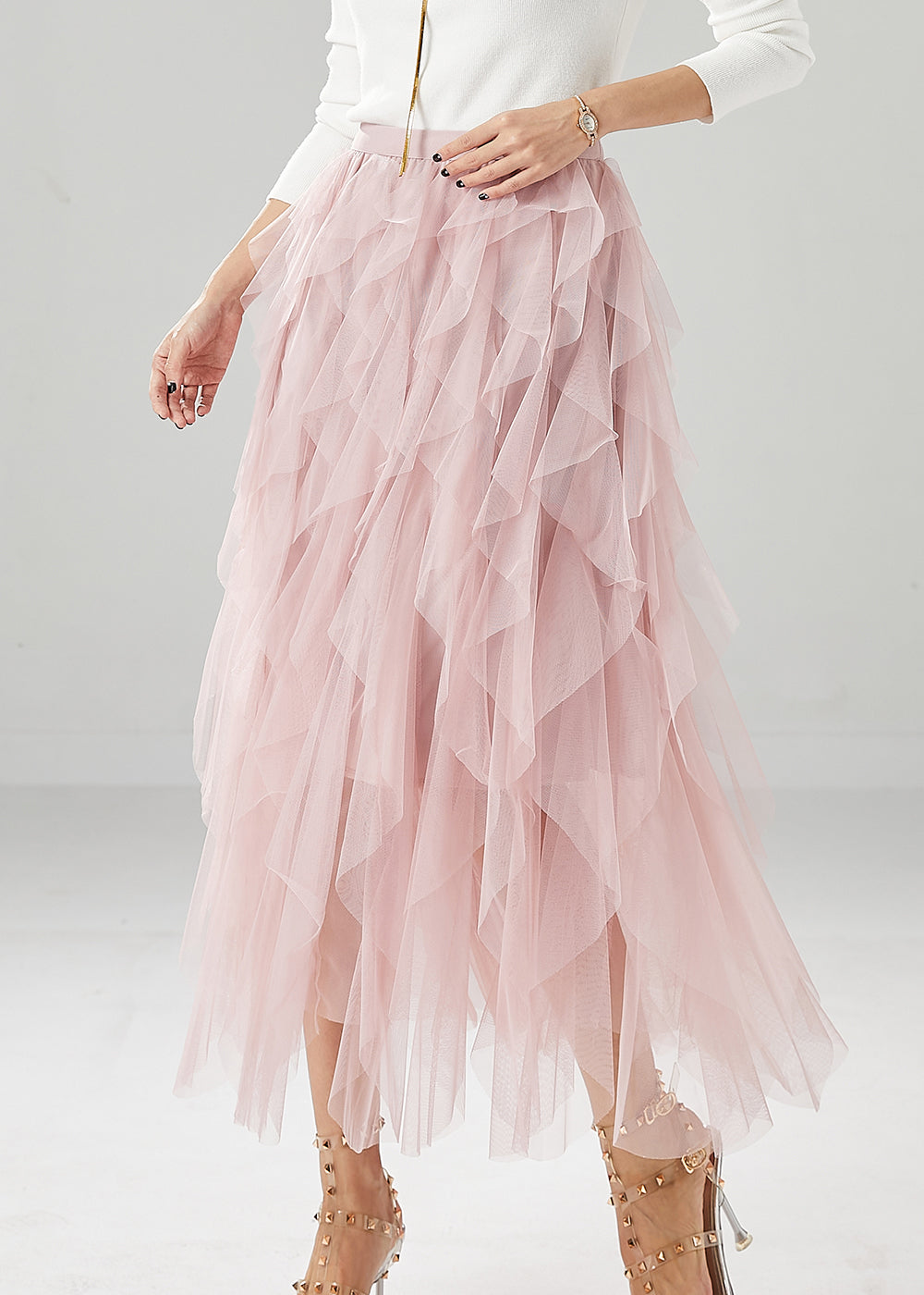 Elegant Pink High Waist Ruffles Tulle Skirt Summer