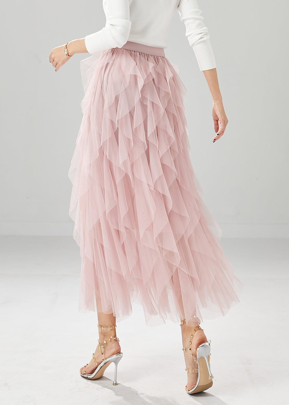 Elegant Pink High Waist Ruffles Tulle Skirt Summer