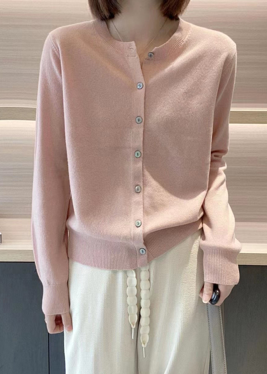 Elegant Pink O Neck Button Patchwork Knit Coats Long Sleeve