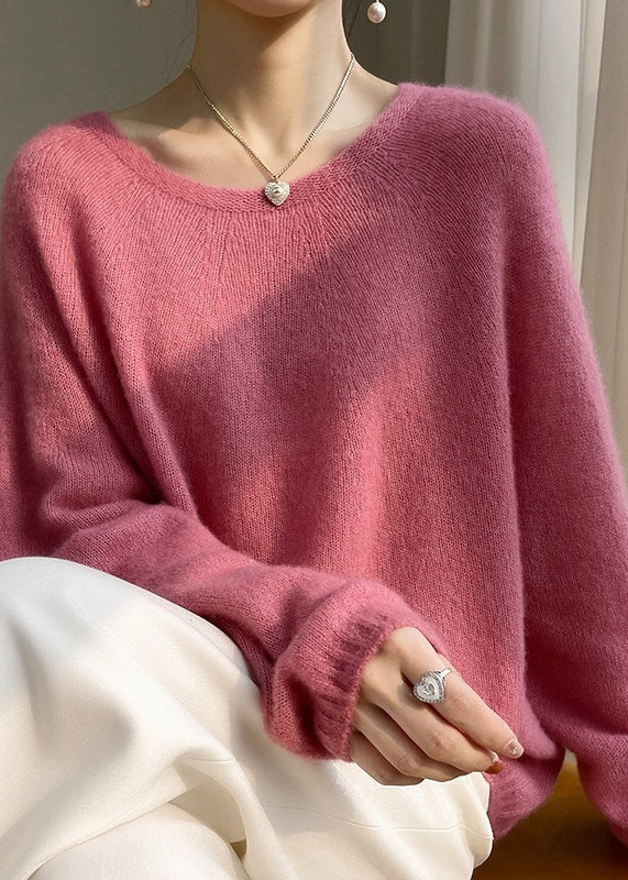 Elegant Pink O Neck Cozy Cashmere Knit Top Spring