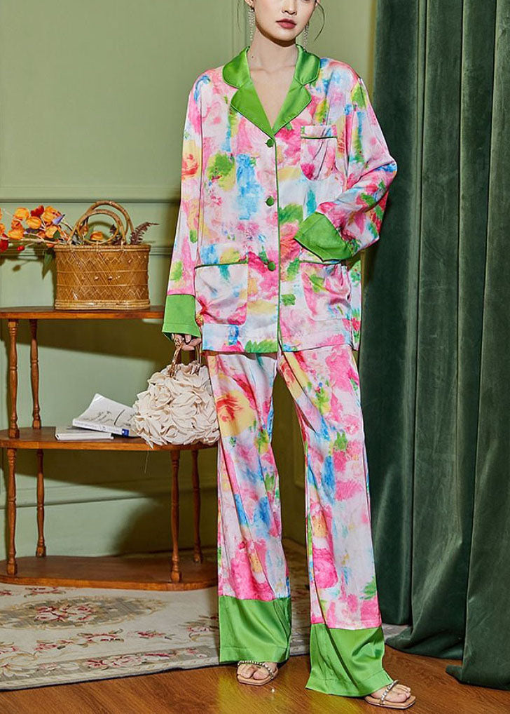 Elegant Pink Print Oversized Pockets Ice Silk Pajamas Two Piece Set Spring