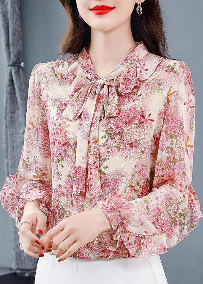 Elegant Pink Print Patchwork Ruffles Lace Up Chiffon Shirts Spring