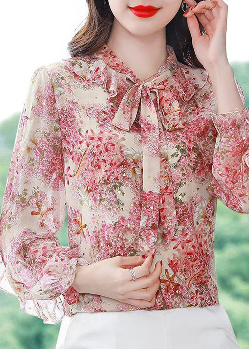 Elegant Pink Print Patchwork Ruffles Lace Up Chiffon Shirts Spring