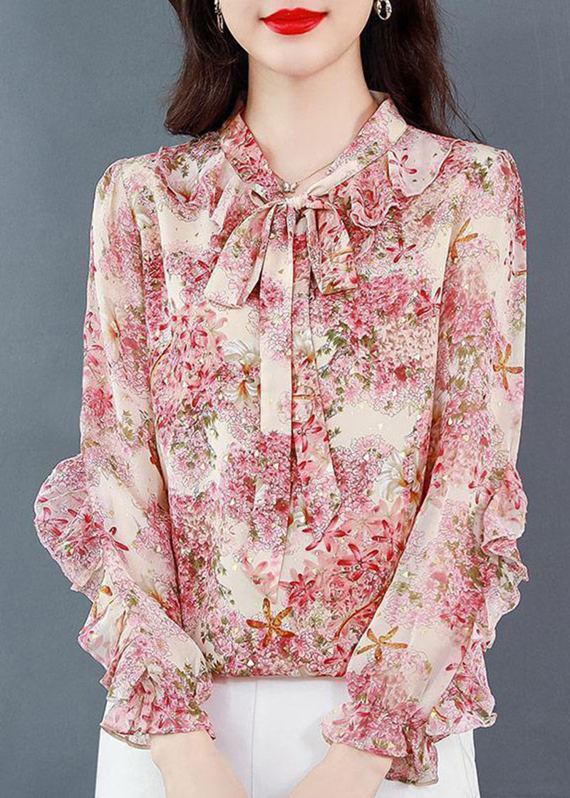 Elegant Pink Print Patchwork Ruffles Lace Up Chiffon Shirts Spring