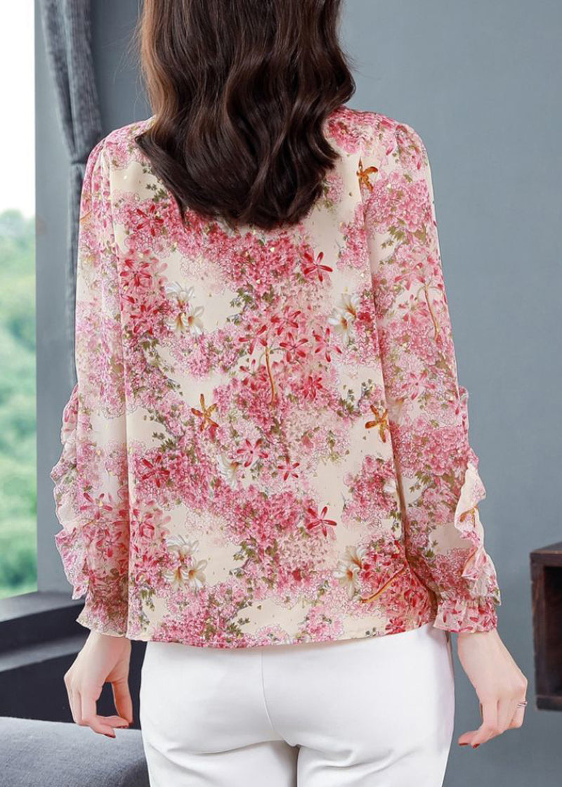 Elegant Pink Print Patchwork Ruffles Lace Up Chiffon Shirts Spring