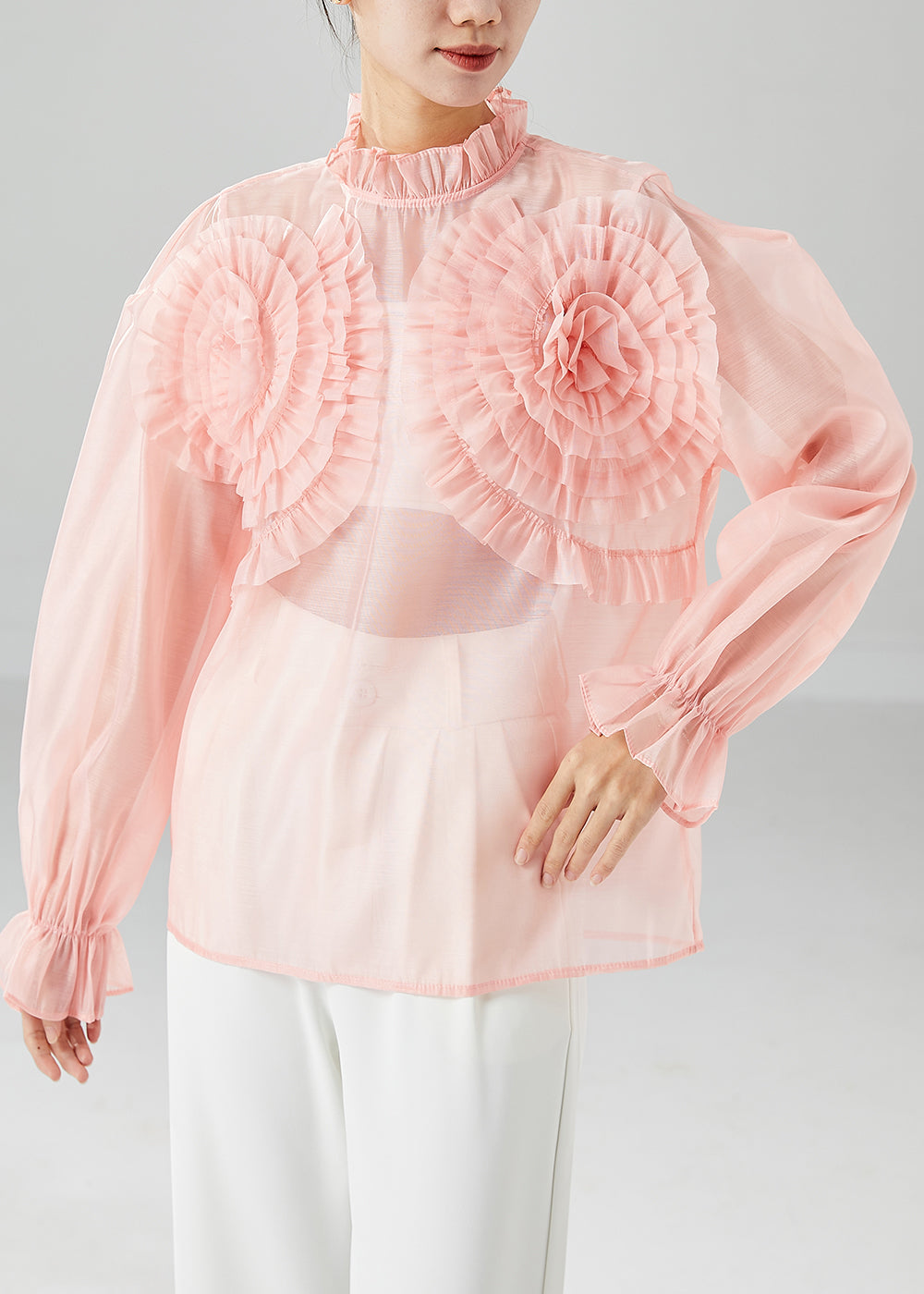 Elegant Pink Ruffled Floral Chiffon Blouses Summer